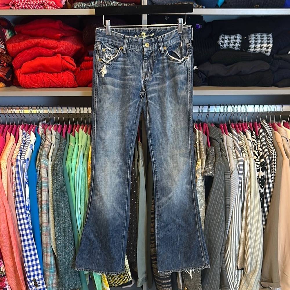 7 For All Mankind blue distressed flare 4 pocket jeans size 26